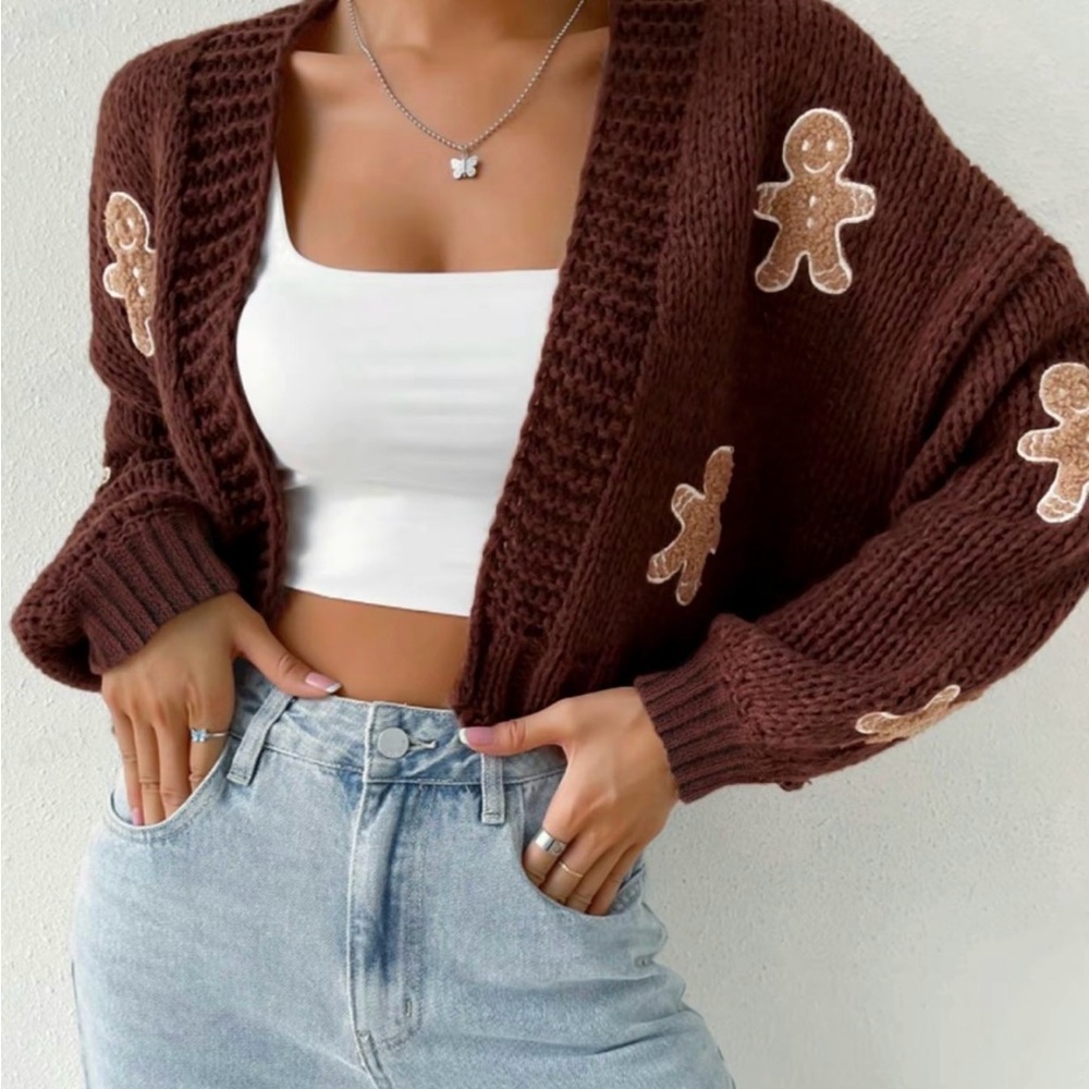 Brown Gingerbread Patch Chunky Knit Cardigan Sweater